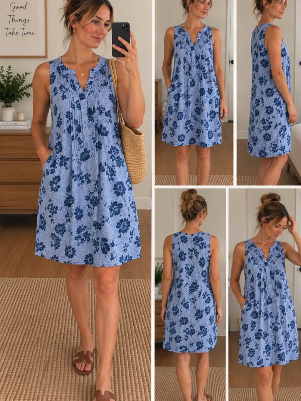 Sonoma Blue Floral Linen Blend Dress Womens XXL Sleeveless Midi